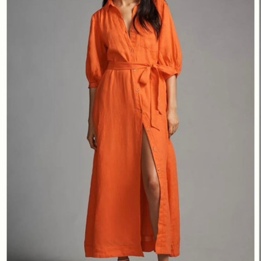 The Mona Tie-Waist Shirt Dress by Maeve: Linen Edition in Tangerine Size XL